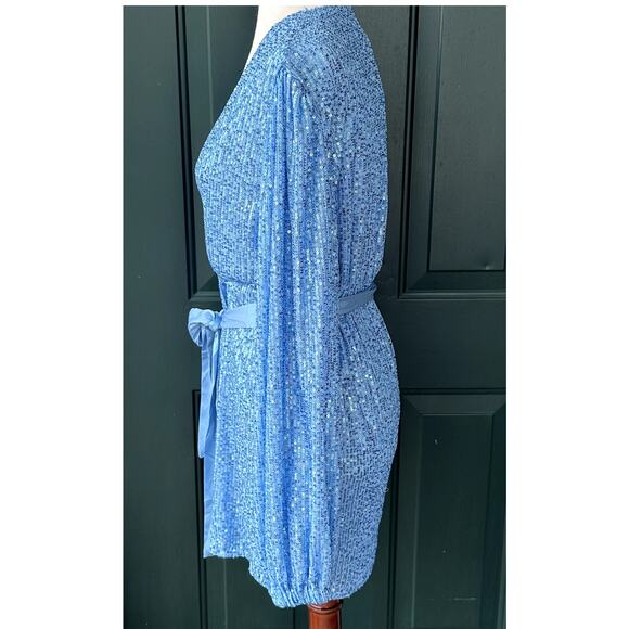 NWT Mable Baby Blue Sequin Wrap Dress Sz S Long Bell Sleeves Party Event - Picture 5 of 9